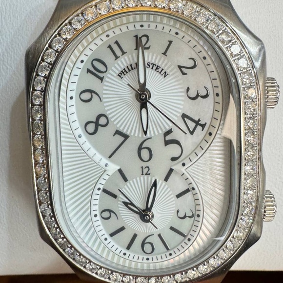philip stein signature watch MOP dial diamond bezel red wicker strap main image 4